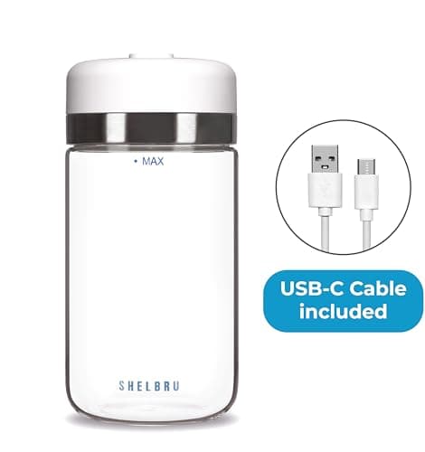 SHELBRU Smart Coffee Container & Food Storage w/Electric Vacuum Seal, Airtight Coffee Canister for Whole & Ground Bean Storage, Durable Borosilicate Glass Jar, Charging Cable Included, 10.5oz / 250g