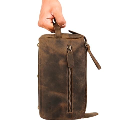 KomalC Premium Buffalo Leather Toiletry Bag for Men & Women – Leather Dopp Kit With Water resistant Lining, Premium Toiletry Travel Pouch, Unisex Wash Bag for Toiletries, Gifts for Men and Women