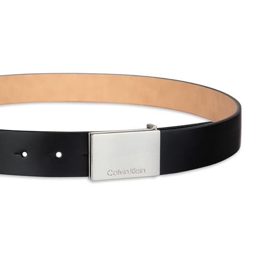 Calvin Klein Men's Modern Plaque Buckle Belt with Logo Detail for Dress Pants