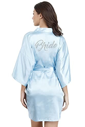 EPLAZA Women's One Size Silver Rhinestones Bride Bridesmaid Short Satin Robes for Wedding Party Getting Ready