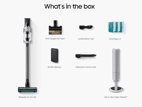 Samsung Bespoke AI Jet Lite Cordless Stick Vacuum with All-in-One Clean Station, 280AW Suction, Long Battery Life, Anti-Tangel Pet Tool, 2025, Pebble Gray, VS80F28DMP/AA