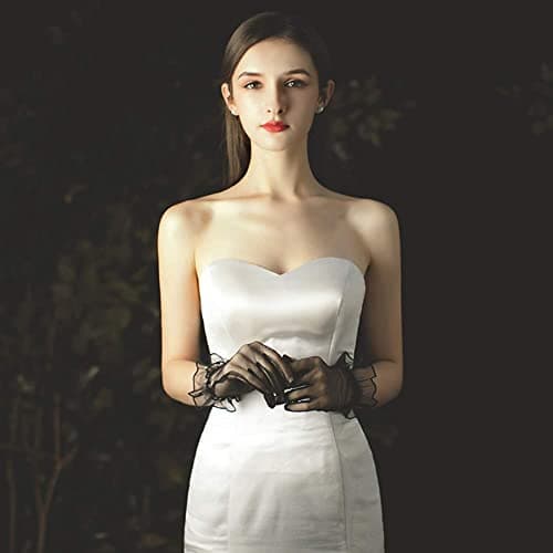 QRBTSCL Women's Ruffled Tulle Mesh Gloves Wedding Party Gloves Short Prom Evening Glove