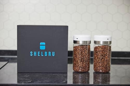 SHELBRU Smart Coffee Container & Food Storage w/Electric Vacuum Seal, Airtight Coffee Canister for Whole & Ground Bean Storage, Durable Borosilicate Glass Jar, Charging Cable Included, 10.5oz / 250g