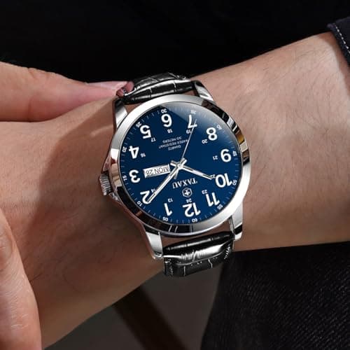 Taxau Men's Watches Leather Band Stainless Steel Quartz Analog Watch Luxury Waterproof Watches for Men Dress Men's Wrist Watch with Day Date Arabic Numeral Relojes para Hombre