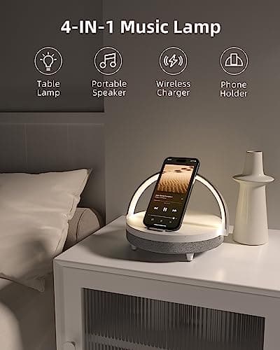 EZVALO Gift for Her, Music Table Lamp with Wireless Charger, 4 in 1 Touch Bedside Lamp, Portable Bluetooth Speaker, Phone Holder, Dimmable LED Night Lights Birthday Gifts for Women, Men, Dad, Mom