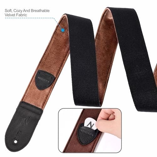 Nefelibata Guitar Strap,Double Full-Grain Leather Ends,Vintage Velvet Strap/FREE BONUS-4 Picks+Strap Locks+Strap Button,Gift For Bass,Electric&Acoustic Guitars(Vintage Coffee Brown)