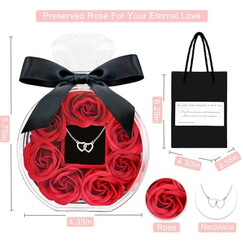Preserved Rose with Heart Necklace Gift Artificial Flower Valentines Mothers Day for Girlfriend Mom Birthday Anniversary Personalized Romantic Gifts(Red)