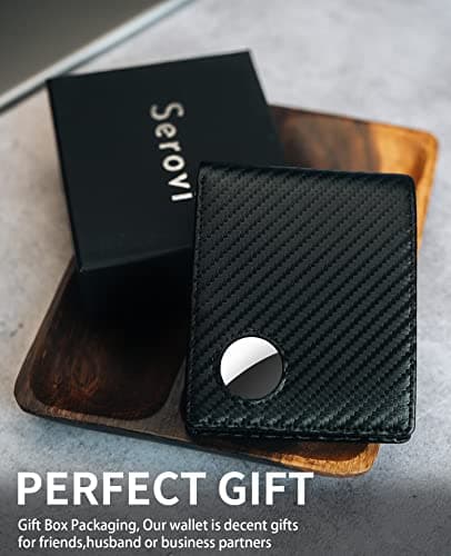 Serovi AirTag Wallet for Men Genuine Leather Bifold Wallet with AirTag Holder RFID Blocking Wallet With 2 ID Window and 12 Cards Holders Gift Box (Airtag Not included)