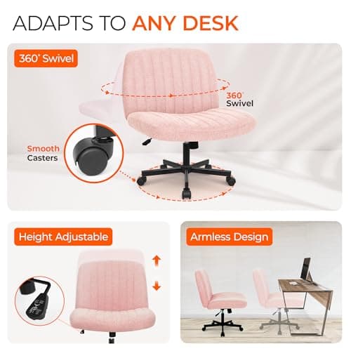 Orange Factory Criss Cross Chair Wheels Wide Cross Legged Office Desk Vanity Chair Comfy Fabric Armless Adjustable Swivel for Home Computer Task (Pink)