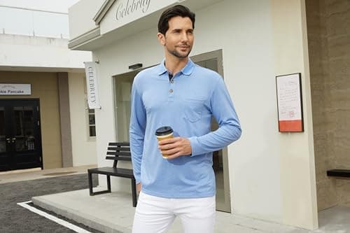 Envmb Men's Casual Long Sleeve Polo Shirts Button Classic Cotton Shirt Work Collared Stylish Golf Shirt with Pocket