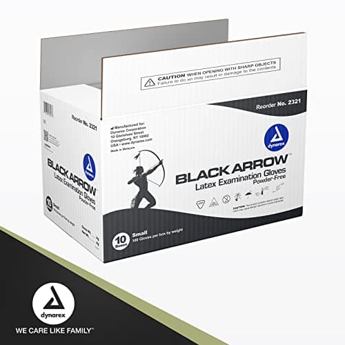 Dynarex Black Arrow Disposable Latex Exam Gloves, Powder-Free, For Healthcare, Law Enforcement, Tattoo, Salon or Spa, Black (1000, Small) [Packaging May Vary]