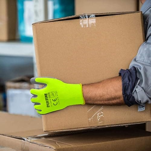 Safety Work Gloves for Men PU Coated 12 Pairs Bulk Pack,Hi-Vis Yellow Seamless Knit Glove with thin Polyurethane Coated Smooth Grip on Palm & Fingers, Ideal for General Duty Work (Large)