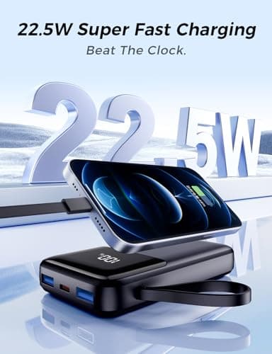 Power Bank, 15000mAh Portable Charger with Built in Cable, 22.5W Fast Charging, 6 Outputs, Slim Travel Essential Battery Pack with LED Display, Compatible with iPhone 16/15/14/13, Samsung, iPad, etc