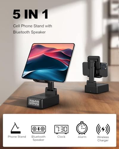 Birthday Gifts for Men Women,6-in-1 Cell Phone Stand Holder with Wireless Bluetooth Speaker & Wireless Charger,Alarm Clock for iPhone,HD Surround Sound Portable Bluetooth Speaker Gifts for Him Her