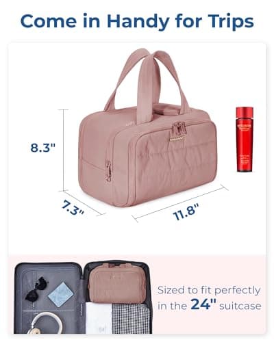 BAGSMART Travel Toiletry Bag, Lightweight Large Wide-open Travel Bag for Women, Puffy Cosmetic Makeup Bag Organizer with Handle for Accessories,Essentials, Toiletries, Dark Pink