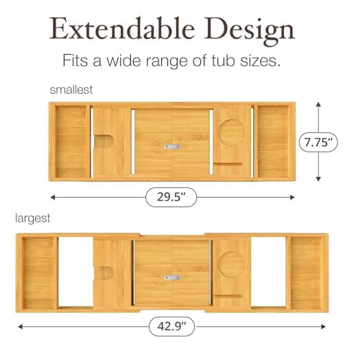 Bathtub Tray - Expandable Bamboo Bath Tray for Tub with Wine Glass Holder, Book & Tablet Stand - Wooden Bathtub Caddy Tray Table for Bathroom Accessories, Spa Relaxation, Housewarming & Wedding Gift