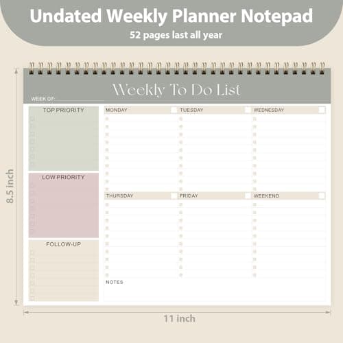 Weekly To Do List Notepad, Undated Planner with 52 Sheets (8.5''x11''), Desk Weekly Planner for Women & Man, Home School & Work