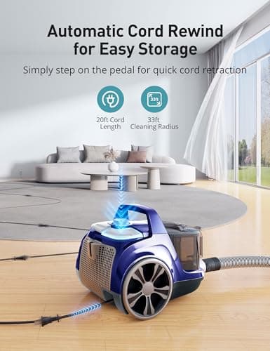 Aspiron Canister Vacuum, Upgraded 1600W Bagless Canister Vacuum Cleaner, Auto Cord Rewind, H13 HEPA Filter, 4Qt Large Capacity, 5 Tools for Hard Floors, Carpet, Pet, Upholstery, Tiles, Sapphire