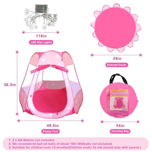 Pop Up Princess Tent with Colorful Star Lights for 1 2 3 Year Old Birthday Gift, 12-18 Months Baby Girl Toys, Foldable Ball Pit with Carrying Bag, Indoor&Outdoor Play Tent for Kids