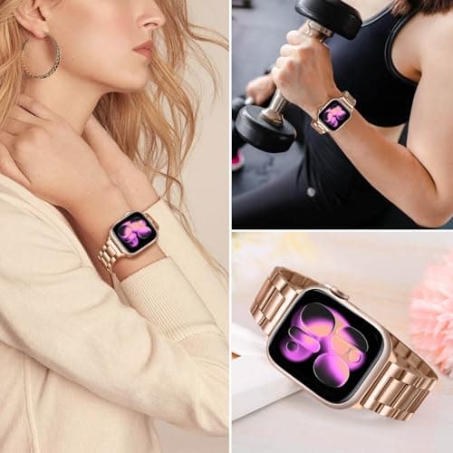 TRUMiRR Band Sets for Apple Watch 11 10 42mm / 9 8 7 41mm Rose Gold Women, 2 Pack Solid Stainless Steel Watchband + Mesh Strap for iWatch SE 3 2 Series 6 5 4 3 2 1 40mm 38mm