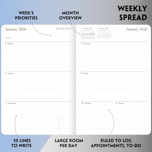 2026 Planner - Weekly and Monthly Planner, Jan 2026 - Dec 2026, Holidays, Contacts and Notes Pages, Vegan Leather Cover, Elastic Closure, 5.5”x8.25”, Grey