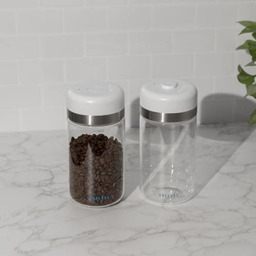 SHELBRU Smart Coffee Container & Food Storage w/Electric Vacuum Seal, Airtight Coffee Canister for Whole & Ground Bean Storage, Durable Borosilicate Glass Jar, Charging Cable Included, 10.5oz / 250g