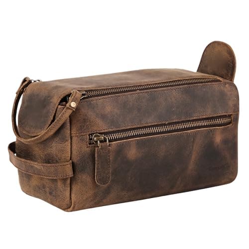 KomalC Premium Buffalo Leather Toiletry Bag for Men & Women – Leather Dopp Kit With Water resistant Lining, Premium Toiletry Travel Pouch, Unisex Wash Bag for Toiletries, Gifts for Men and Women