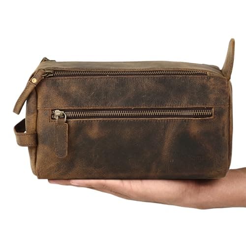 KomalC Premium Buffalo Leather Toiletry Bag for Men & Women – Leather Dopp Kit With Water resistant Lining, Premium Toiletry Travel Pouch, Unisex Wash Bag for Toiletries, Gifts for Men and Women