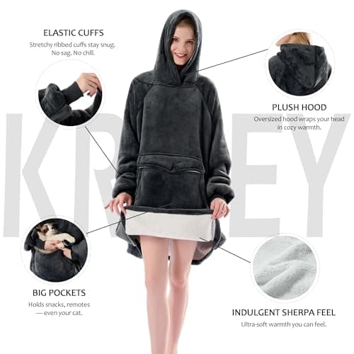 Krifey Wearable Blanket Hoodie, Oversized Sherpa Hooded as Birthday Gifts Christmas Gifts for Mom Women Girlfriend Men, Cozy Sweatshirt with Giant Pocket