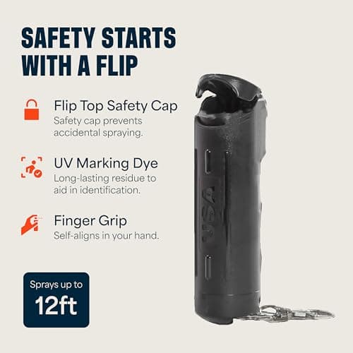Mace Pepper Spray - Maximum Police Strength OC with UV Dye, Fast Flip Top, Ergonomic Finger Grip, Easy Carry Keychain, 12 Feet Range, 0.42 oz Compact Model, Self Defense Pepper Spray for Women & Men