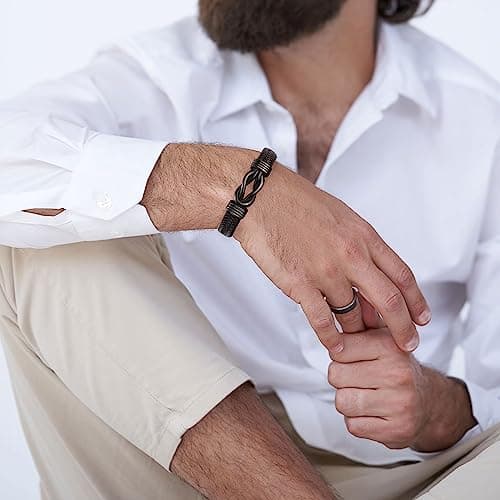 𝗞𝗻𝗼𝘁 𝗕𝗿𝗮𝗰𝗲𝗹𝗲𝘁 𝗚𝗶𝗳𝘁𝘀 𝗳𝗼𝗿 𝗠𝗲𝗻 Brown Braided Leather Stainless Steel Infinity Bracelets Lettering Love You Forever Gifts for Son Grandson Husband Boyfriend Brother Always Linked Together