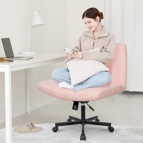 Orange Factory Criss Cross Chair Wheels Wide Cross Legged Office Desk Vanity Chair Comfy Fabric Armless Adjustable Swivel for Home Computer Task (Pink)