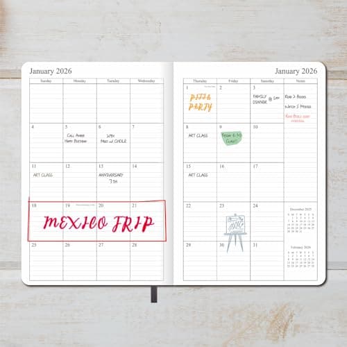 2026 Planner - Weekly and Monthly Planner, Jan 2026 - Dec 2026, Holidays, Contacts and Notes Pages, Vegan Leather Cover, Elastic Closure, 5.5”x8.25”, Grey