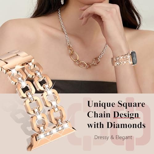 WINGLE for Apple Watch Band 42/46/38/40/41/44/45/49mm Women Designer Dressy Bands Fancy Chain Bracelet Stainless Steel Elegant Jewelry Metal Strap for iWatch Series 11 10 9 8 7 6 5 4 SE/Ultra 3 2 1