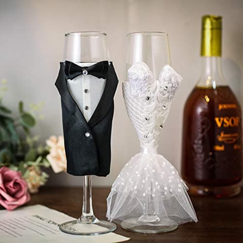 4 Piece Wedding Reception Supplies Wedding Toasting Flutes and Cake Server Set -2 Champagne Glasses, 1 Cutting Knife and 1 Pie Server, Bride and Groom Gifts Wedding Gifts (Gorgeous)