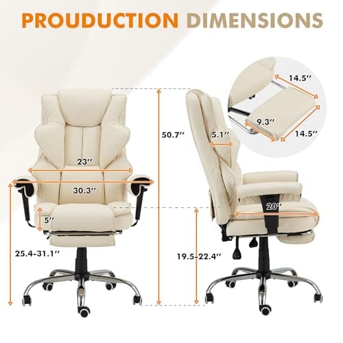 HOMREST 6-Point Massage Executive Chair,Heat Office Chair,Ergonomic Home Office Desk Chairs with Retractable Footrest and Reclining Function,Leather Computer Chair with Adjustable Armrest(‌Off White)