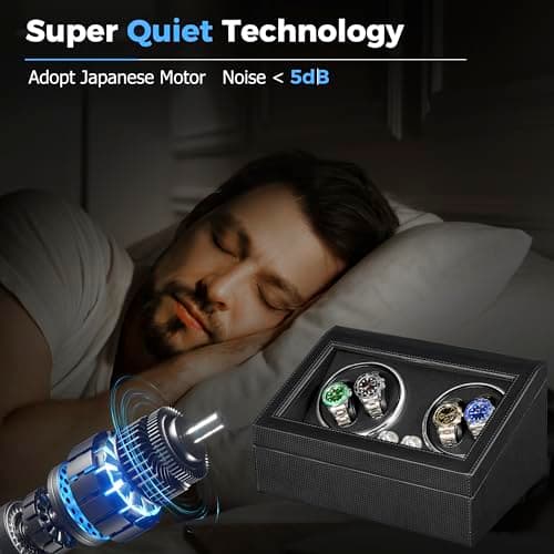 ANWBROAD ANWBROAD Watch Winder for Automatic Watches 4 Watch Rotator and 6 Extra Storages with Super Quiet Motor and LED Backlight Turner Carbon Fiber Shaker 5 Rotating Modes USB UJWW002F