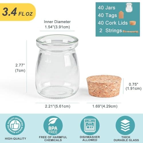 40 Pack Glass Favor Jars with Cork Lid, 3.4 oz Small Glass Bottles for Wedding Favor, Baby Shower, Party Favor, Gift Jars for Candy, Bonus Twine and Labels