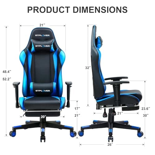 GTPLAYER Gaming Chair with Footrest, Ergonomic Computer Game Desk Chair, Reclining Game Chair Seat Height Adjustment, Swivel Rocker with Headrest and Lumbar (Blue)