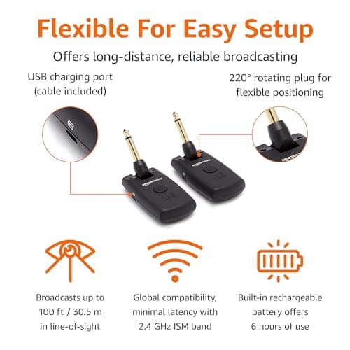 Amazon Basics Digital Wireless Guitar System Transmitter/Receiver with Rechargeable Batteries, Black