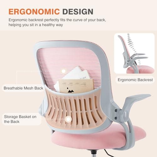 Sweetcrispy Home Office Computer Desk Chair, Ergonomic Mid-Back Mesh Rolling Work Swivel Task Chairs with Wheels, Comfortable Lumbar Support, Comfy Flip-up Arms for Bedroom, Study, Student, Pink