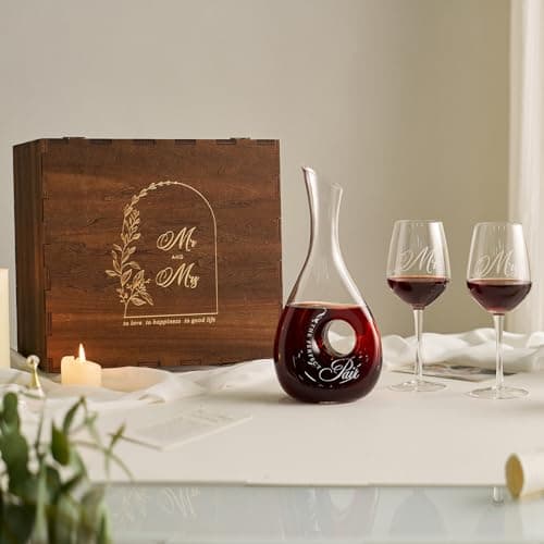 AW BRIDAL Mr and Mrs Wine Glasses and Decanter Set, Wedding Bridal Shower Engagement Gift for Couples 2025, Wedding Glasses for Anniversary Bride Bachelorette with Wood Keepsake Box