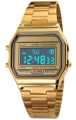 PASOY Men's Digital Gold Stainless Steel Watch Backlit Multifunction Stopwatch Waterproof Sport Watches