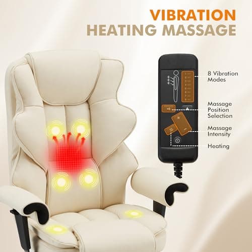 HOMREST 6-Point Massage Executive Chair,Heat Office Chair,Ergonomic Home Office Desk Chairs with Retractable Footrest and Reclining Function,Leather Computer Chair with Adjustable Armrest(‌Off White)