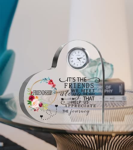 Movdyka Friendship Gifts for Women Friends Crystal Heart 5.9Inch Large Flower Glass with Clock Unique Best Gifts for Women Her Friend Plaque Birthday Gift Idea for Friend Female Presents