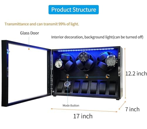 ORYX VISION Oryx Watch Winder for 4/6/9 Automatic Watches, Rotating Watch Box 5 Rotation Modes Setting Display Case with Extra Watch Storages and LED Light, Lockable Winders USB Powered Super Quiet Mabuchi Motor