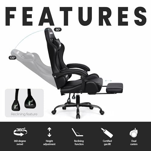 N-GEN GAMING Video Gaming Chair with Footrest Lumbar Support for Home Office High Back Recliner Height Adjustable Ergonomic Comfy Leather Computer Desk Chair (Black)