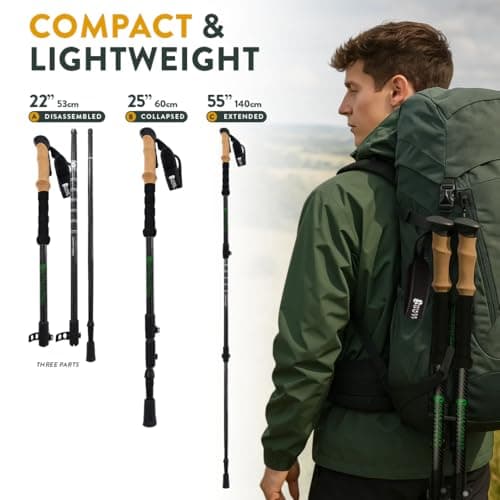 100% Carbon Fiber Trekking Poles by USA Brand - Ultra Strong Lightweight Collapsible Hiking Poles with Cork and EVA Foam Grips & Quick Adjustable Flip Locks