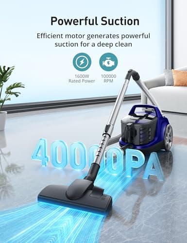 Aspiron Canister Vacuum, Upgraded 1600W Bagless Canister Vacuum Cleaner, Auto Cord Rewind, H13 HEPA Filter, 4Qt Large Capacity, 5 Tools for Hard Floors, Carpet, Pet, Upholstery, Tiles, Sapphire