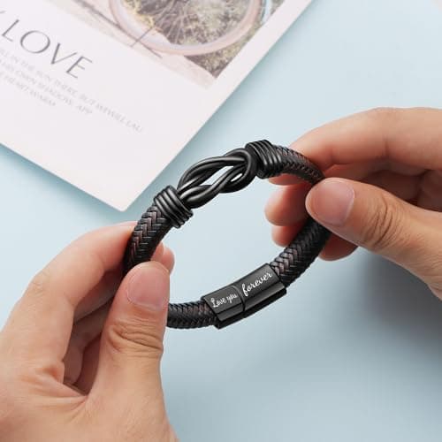 𝗞𝗻𝗼𝘁 𝗕𝗿𝗮𝗰𝗲𝗹𝗲𝘁 𝗚𝗶𝗳𝘁𝘀 𝗳𝗼𝗿 𝗠𝗲𝗻 Brown Braided Leather Stainless Steel Infinity Bracelets Lettering Love You Forever Gifts for Son Grandson Husband Boyfriend Brother Always Linked Together
